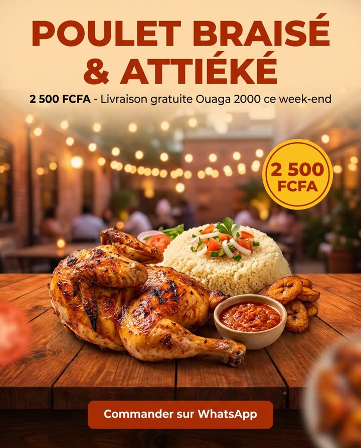 Maquis fictif : le plat, son prix, la livraison et un bouton WhatsApp.