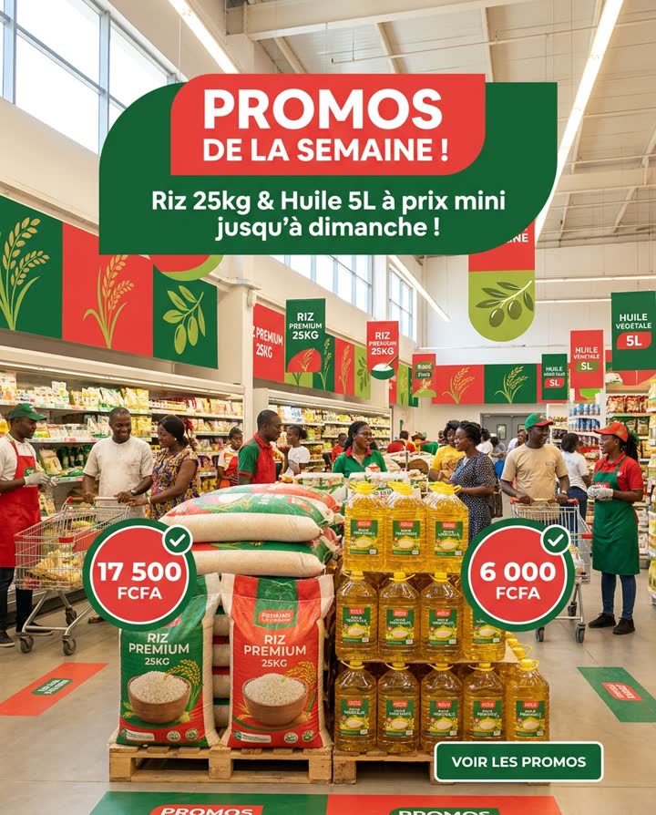 Supérette fictive : les promotions de la semaine, prix en grand.